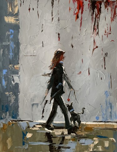 Painting titled "A woman with a dog." by Vita Schagen, Original Artwork, Oil Mounted on Wood Stretcher frame
