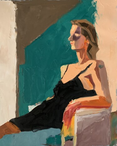 Painting titled "Woman in a chair." by Vita Schagen, Original Artwork, Oil Mounted on Wood Stretcher frame