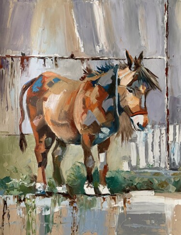 Painting titled "Little donkey.#9" by Vita Schagen, Original Artwork, Oil Mounted on Wood Stretcher frame