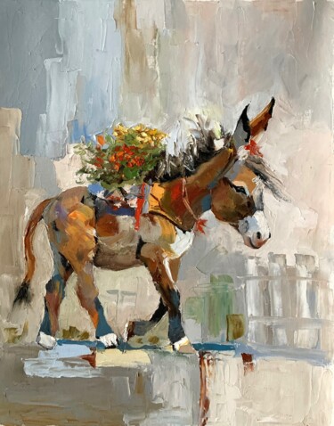 Painting titled "Little donkey.#12" by Vita Schagen, Original Artwork, Oil Mounted on Wood Stretcher frame