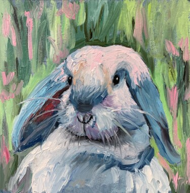 Painting titled "Little rabbit." by Vita Schagen, Original Artwork, Oil Mounted on Cardboard