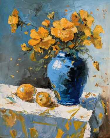 Painting titled "Yellow wild flowers…" by Vita Schagen, Original Artwork, Oil Mounted on Wood Stretcher frame