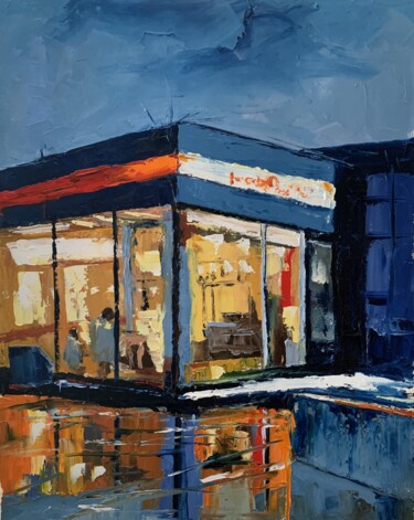 Painting titled "Night cafe by the h…" by Vita Schagen, Original Artwork, Oil Mounted on Wood Stretcher frame