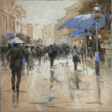 Painting titled "Rainy city. People…" by Vita Schagen, Original Artwork, Oil Mounted on Wood Stretcher frame