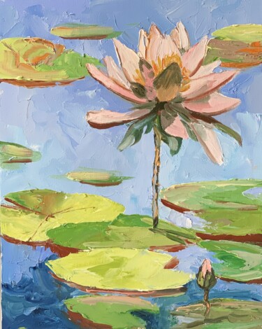 Painting titled "Lily pond landscape…" by Vita Schagen, Original Artwork, Oil Mounted on Cardboard