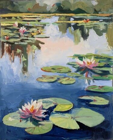 Malarstwo zatytułowany „Pond with water lil…” autorstwa Vita Schagen, Oryginalna praca, Olej Zamontowany na Drewniana rama n…