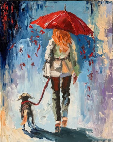 Painting titled "Woman with a dog.#3" by Vita Schagen, Original Artwork, Oil Mounted on Cardboard