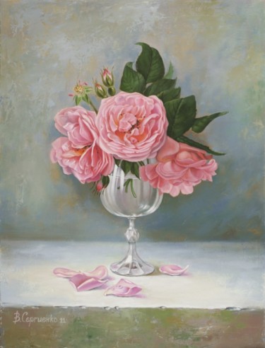 Schilderij getiteld "Розы в бокале (Rose…" door Vita Sergienko, Origineel Kunstwerk, Olie