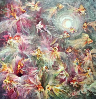 Картина под названием "Золотые рыбки в чуд…" - Vita Bogachenko, Подлинное произведение искусства, Масло