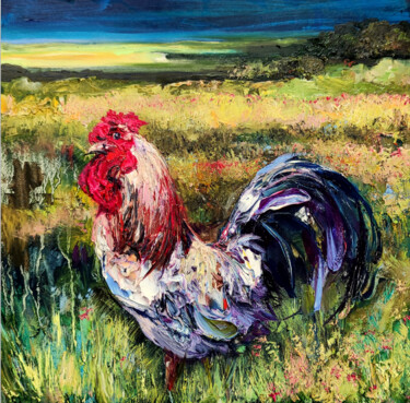 Картина под названием "петух в поле" - Vita Bogachenko, Подлинное произведение искусства, Масло