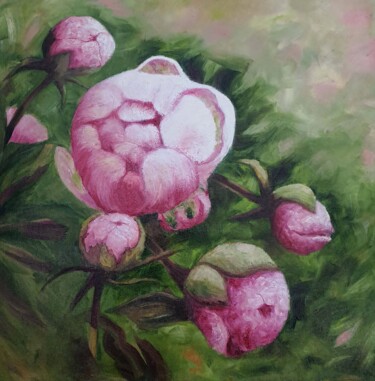 Pintura intitulada "Magic of Pink Peoni…" por Vitalii Astapenko, Obras de arte originais, Óleo