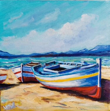 Painting titled "Boats on the shore" by Vitalii Bondarenko (ViBond), Original Artwork, Oil