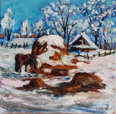 Pintura intitulada "Winter in Vellage" por Vitalii Bondarenko (ViBond), Obras de arte originais, Óleo