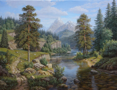 Painting titled "Горная река" by Vitalii Potapov, Original Artwork, Oil