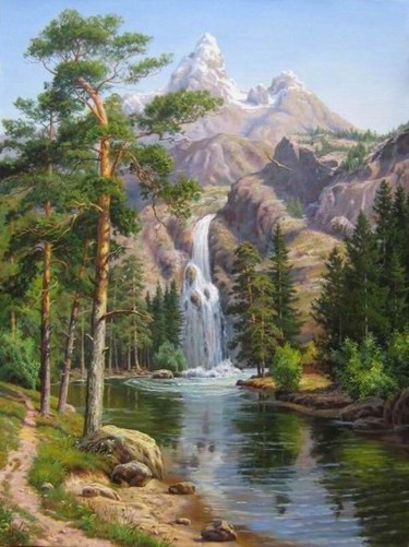 Painting titled "Водопад." by Vitalii Potapov, Original Artwork, Oil