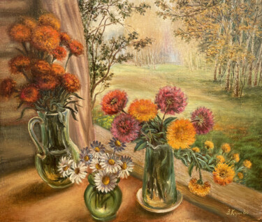 Картина под названием "Цветы на фоне осенн…" - Калиниченко Виталий, Подлинное произведение искусства, Масло