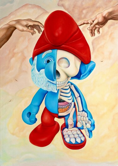 Schilderij getiteld "Smurf and Michelang…" door Vitalina Desbocada, Origineel Kunstwerk, Olie