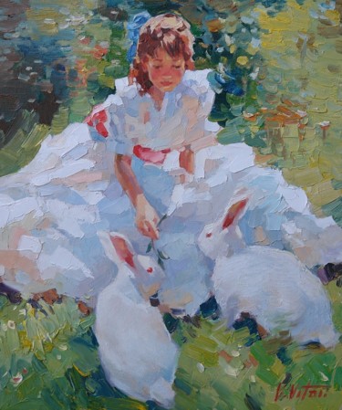Картина под названием "Girl with white rab…" - Vitaliy Bondarenko, Подлинное произведение искусства, Масло