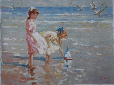 Painting titled "Girls and boat" by Vitaliy Bondarenko, Original Artwork, Oil