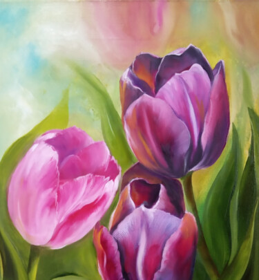 Painting titled "Тюльпаны. Tulips." by Vitaliy Boreiko, Original Artwork, Oil Mounted on Wood Stretcher frame