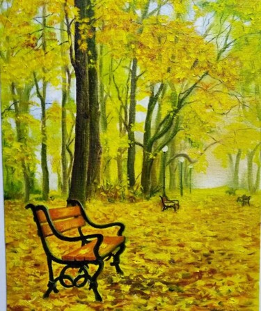 Painting titled "Осенний парк" by Vitaliy Boreiko, Original Artwork, Oil Mounted on Wood Stretcher frame