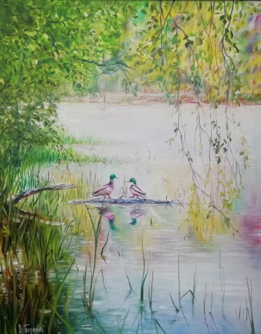 Картина под названием "Утки на пруду" - Vitaliy Boreiko, Подлинное произведение искусства, Масло