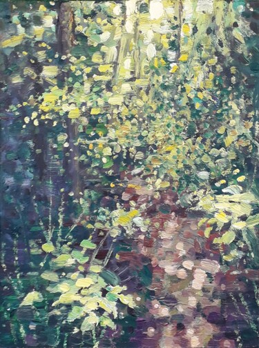 Painting titled "Sunny Forest" by Vitaliy Ustimenko, Original Artwork, Oil
