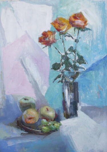 Картина под названием "Чайные розы" - Vitaliy Ustimenko, Подлинное произведение искусства, Масло