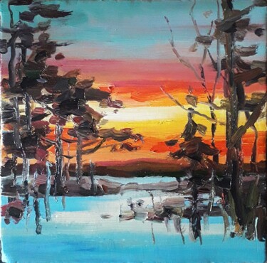 Malarstwo zatytułowany „Winter sunset” autorstwa Vitaliy Ustimenko, Oryginalna praca, Olej
