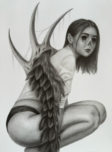 Drawing titled "Dark angel" by Vitaly.Arts, Original Artwork, Pencil