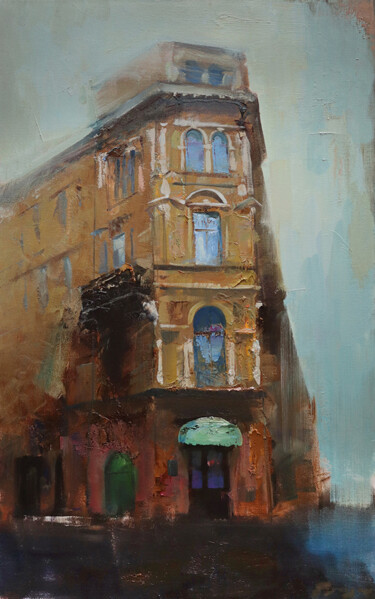Painting titled "Cityscape 'Building…" by Vitaly Gunaza, Original Artwork, Oil Mounted on Wood Stretcher frame
