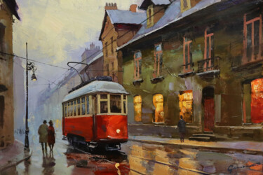Painting titled "Cityscape 'The tram…" by Vitaly Gunaza, Original Artwork, Oil Mounted on Wood Stretcher frame