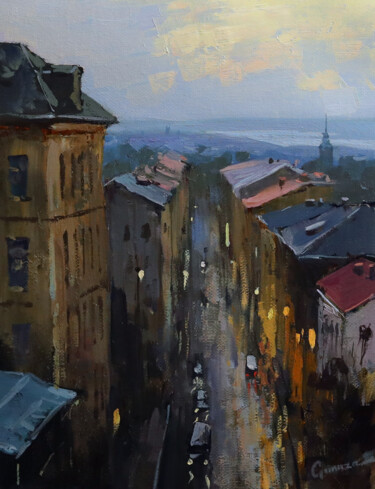 Painting titled "City twilight" by Vitaly Gunaza, Original Artwork, Oil Mounted on Wood Stretcher frame