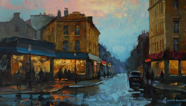Painting titled "Evening comes to th…" by Vitaly Gunaza, Original Artwork, Oil Mounted on Wood Stretcher frame