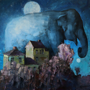 Painting titled "Elephant on a May n…" by Vitaly Gunaza, Original Artwork, Oil Mounted on Wood Stretcher frame
