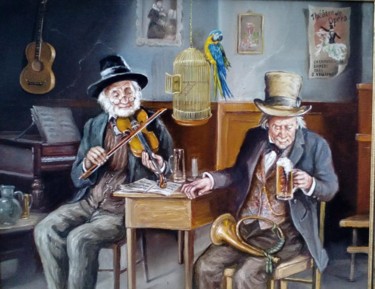Painting titled "A trio of drunken m…" by Vitalii Gatsutsyn (Ialpachek Levi), Original Artwork, Oil Mounted on Wood Stretche…