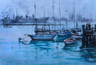 Картина под названием "Boats are asleep" - Виталий Гацуцын (Ялпачек-Леви), Подлинное произведение искусства, Акварель