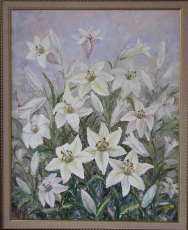 Painting titled "lilies" by Vitalii Gatsutsyn (Ialpachek Levi), Original Artwork, Oil Mounted on Wood Stretcher frame
