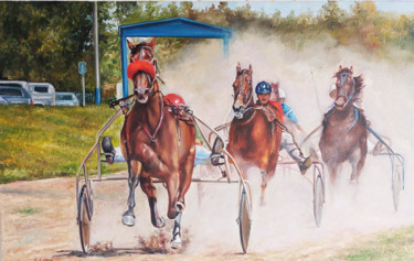 Painting titled "Horse racing at the…" by Vitalii Gatsutsyn (Ialpachek Levi), Original Artwork, Oil Mounted on Wood Stretche…