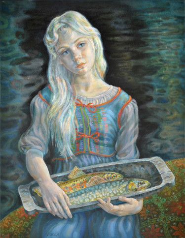 Painting titled "Two fishes" by Viteckaja, Original Artwork, Oil