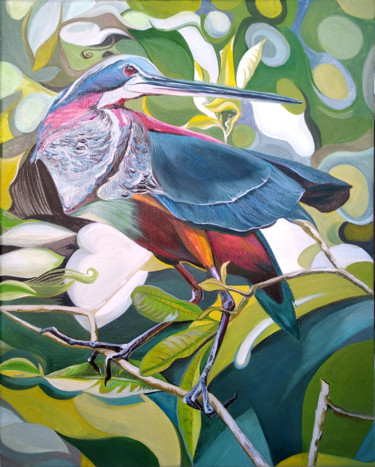Peinture intitulée "Agami heron" par Viola Larkina, Œuvre d'art originale, Huile Monté sur Châssis en bois