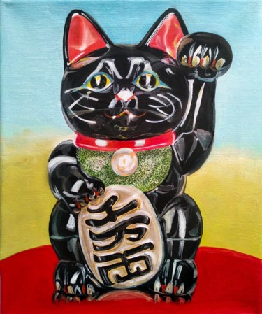 Painting titled "Black maneki neko" by Viola Larkina, Original Artwork, Oil Mounted on Wood Stretcher frame