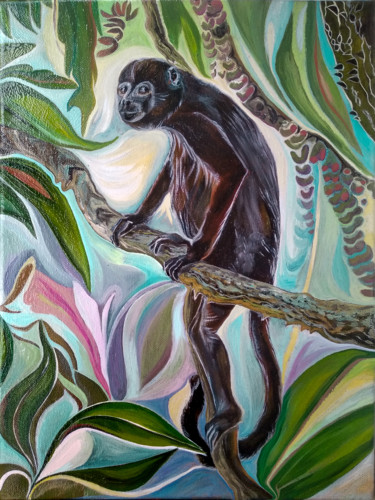 Schilderij getiteld "Jungle view" door Viola Larkina, Origineel Kunstwerk, Olie Gemonteerd op Frame voor houten brancard