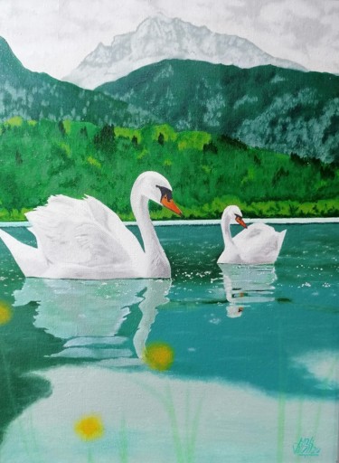 Painting titled "Swans" by Vito Bzhitskiy, Original Artwork, Oil