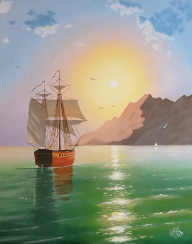 Painting titled "Sailboat at the bay" by Vito Bzhitskiy, Original Artwork, Oil