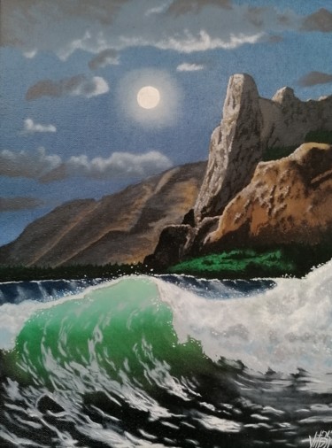 Painting titled "Night tide" by Vito Bzhitskiy, Original Artwork, Oil