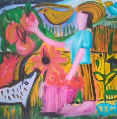 Pittura intitolato "Apanhando pêssegos…" da Vitor Pisco, Opera d'arte originale, Acrilico