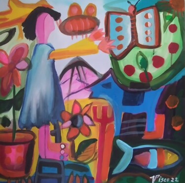 Painting titled "Menina no jardim" by Vitor Pisco, Original Artwork, Acrylic