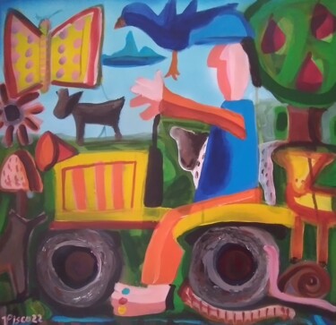 Malerei mit dem Titel "Menino com tractor" von Vitor Pisco, Original-Kunstwerk, Acryl