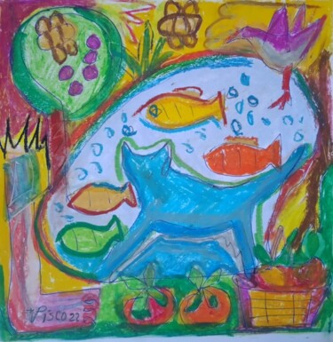 Pintura titulada "Gato no lago" por Vitor Pisco, Obra de arte original, Pastel